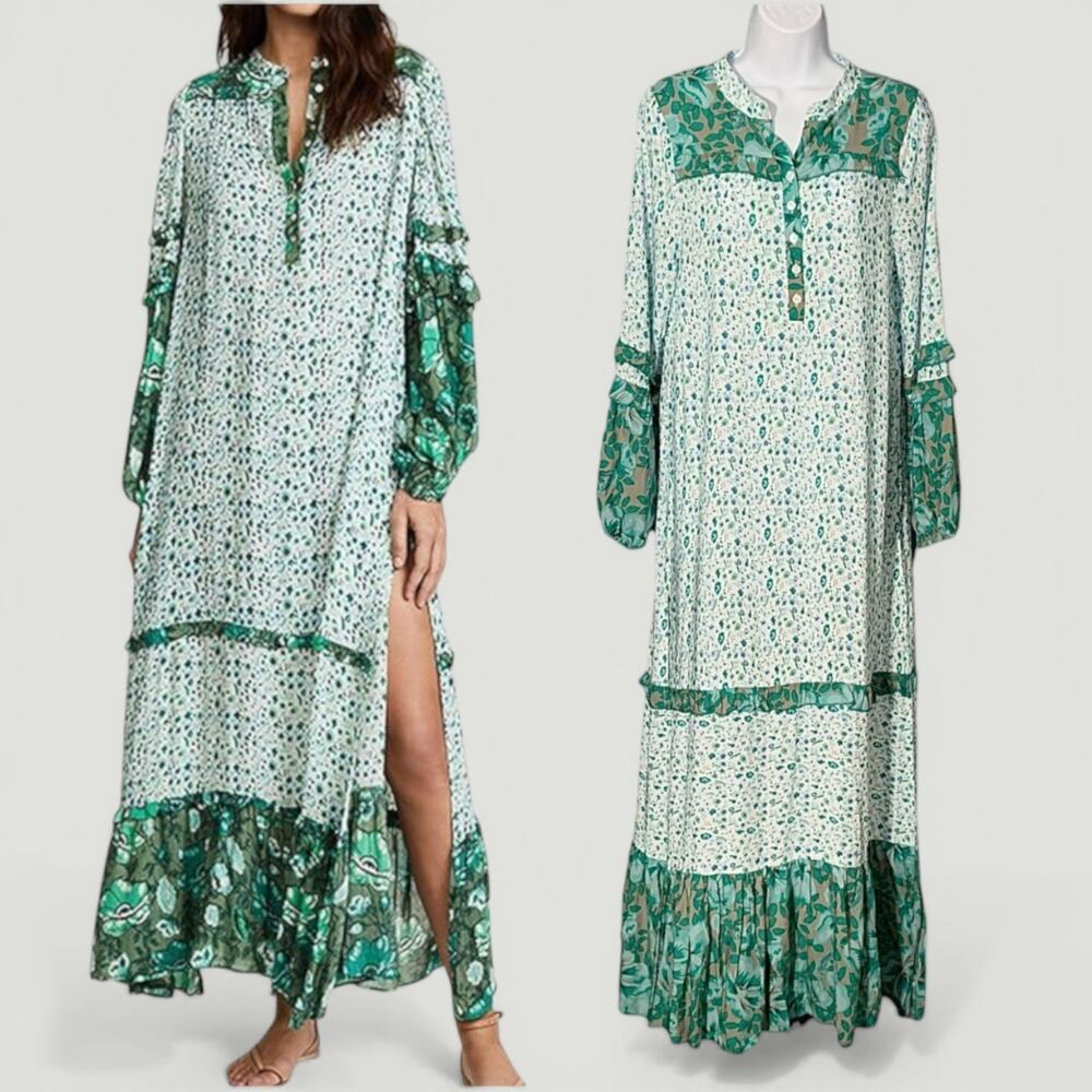 R Vivimos Boho Maxi Dress Green Floral Tiered Ruffled Hem Prairie Beach Sz S